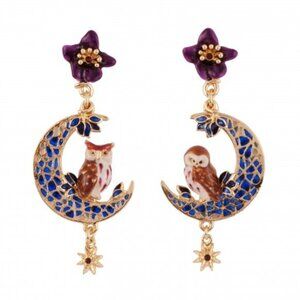 Les Nereides Eagle Owl On Crescent Moon Stud Earring